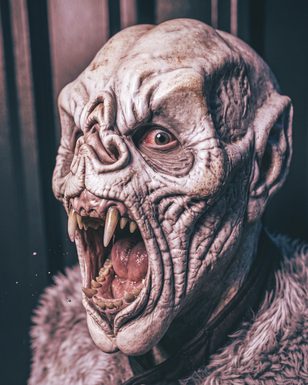 A monster baring its teeth in a dimly-lit space, staring at the camera with wide eyes