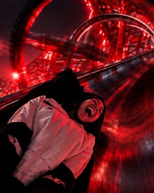 A woman screaming as she rides down a dark tunnel slide, lit with bright red lighting