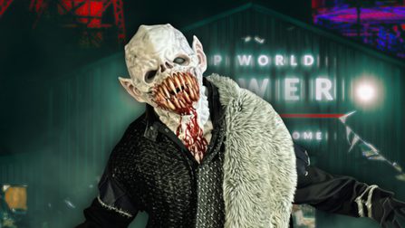 A monster with sharp, blood-stained teeth stands before the Zip World Tower entrance.